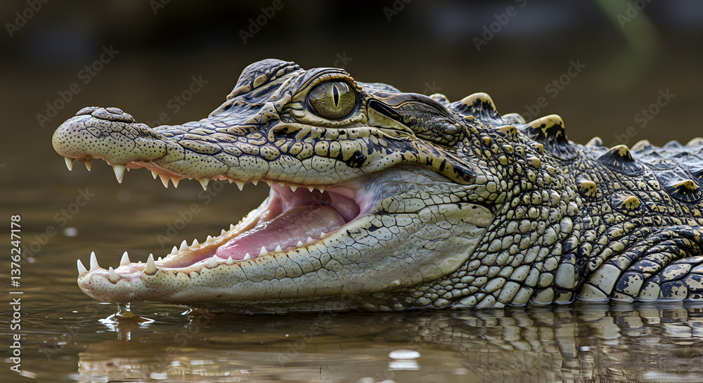 Fototapeta premium Captivating caiman portrait featuring textured skin, sharp teeth and reflective eye