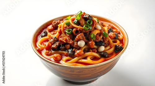 A bowl of spicy Sichuan Dan Dan noodles coated in a rich, red chili oil sauce, topped with minced pork, chopped peanuts, and fresh scallion