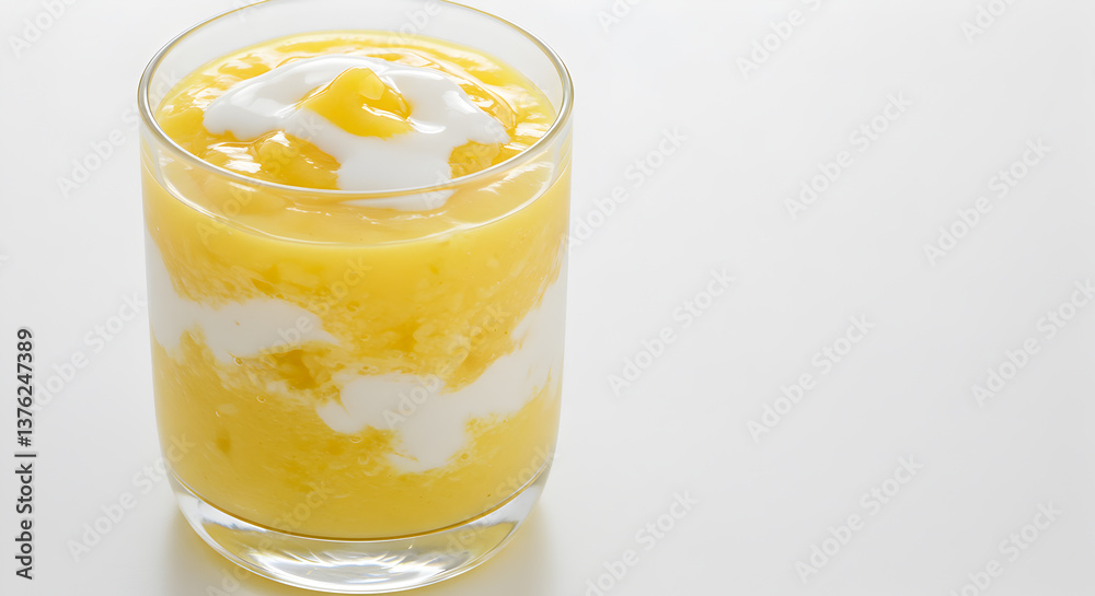 Vibrant mango smoothie layered with coconut cream in glass on white background Vibrant mango smoothie layered with coconut cream in glass on white background