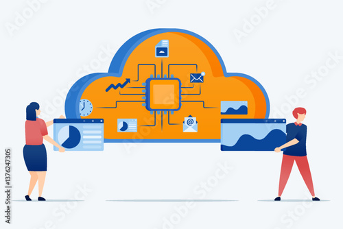 illustration of Chips in the cloud connect multiple tasks and data for processing with learning machines improving automation system efficiency and AI powered cloud computing