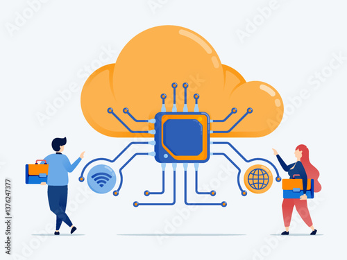 illustration of Cloud internet data is connected to learning engine chips supporting cloud technology development with AI automation secure data processing and enhanced digital innovation