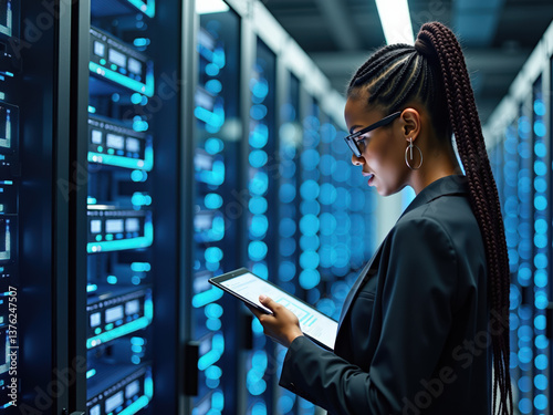 A black woman, in her 30s, with braided hair and glasses, checks a tablet in a data center amid glowing servers, showcasing focus and professionalism in technology