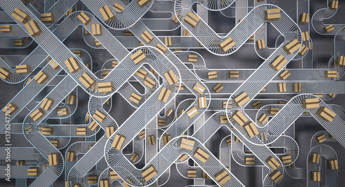 Cardboard boxes moving on conveyor belts automated warehouse 3d