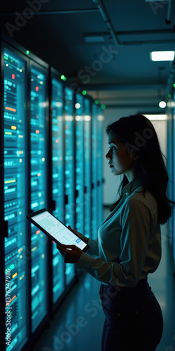 A woman in her 20s stands in a server room, holding a tablet and analyzing data. The blue light from the servers creates a high-tech ambiance, emphasizing concentration and dedication.