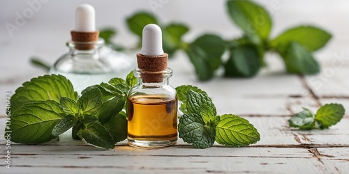 Essential oils in glass bottles with fresh mint leaves on a rustic wooden surface in a natural setting