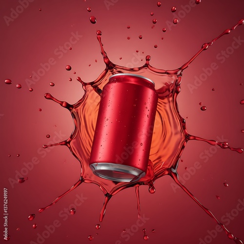 A vibrant, red aluminum soda can is centered within a dynamic splash of liquid, creating a dramatic visual.