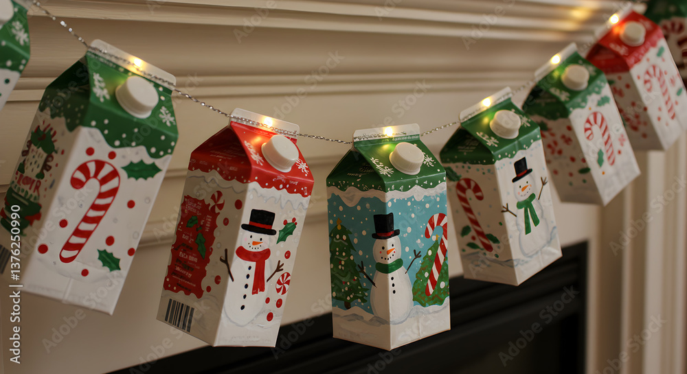 Obraz premium Festive milk carton garland with twinkle lights for holiday decoration