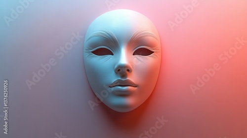 A stylized, abstract mask with subtle features, illuminated by soft blue and pink lighting, creating a mysterious atmosphere.