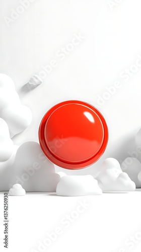 Red button with white clouds, and 3D render.