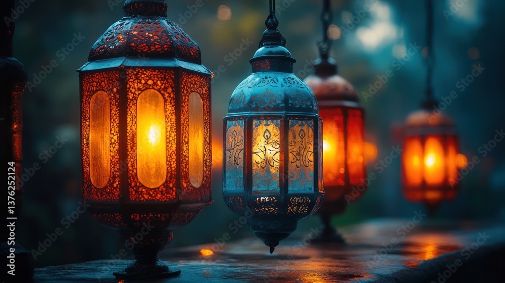 Illuminated lanterns hanging outdoors at night, reflecting light on a wet surface.
