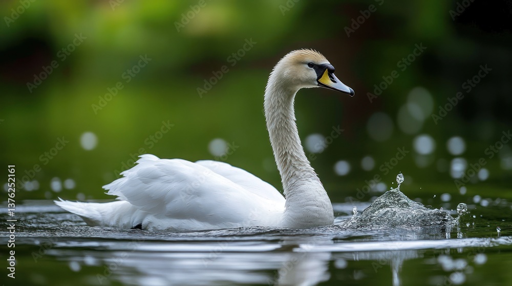 Obraz premium Graceful white swan swimming in calm water, creating ripples.