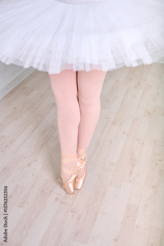 Ballerinas poised feet on wooden floor Ballerinas poised feet on wooden floor