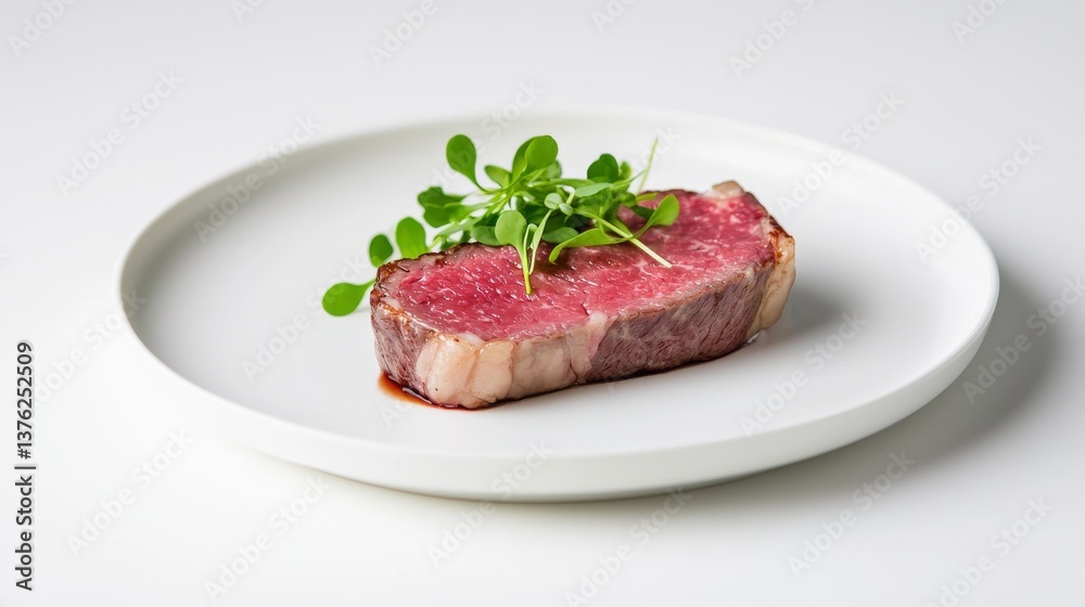 Sliced Wagyu Steak with Herb Garnish on White Plate Sliced Wagyu Steak with Herb Garnish on White Plate