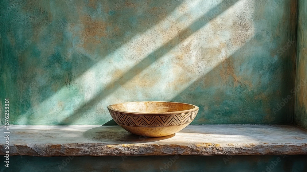 Wooden bowl on a marble shelf against a textured teal wall with sunlight streaming through a window. Wooden bowl on a marble shelf against a textured teal wall with sunlight streaming through a window.