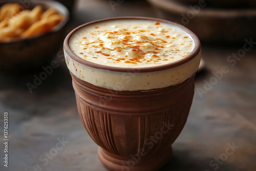 A traditional creamy drink, a glass of refreshing Punjabi lassi served in a rustic clay mug and sprinkled with spices.
