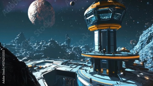 Fototapeta Naklejka Na Ścianę i Meble -  Futuristic space station overlooking a planet in a starry night sky