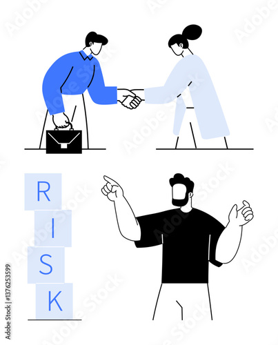 Professional handshake signifies partnership, stacked blocks spell risk, and a man gestures confidently. Ideal for teamwork, leadership, partnership, risk management, communication, negotiation