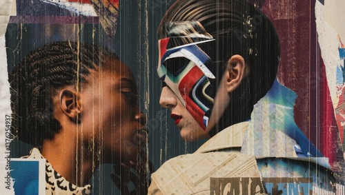 Contemporary mixed media portrait featuring two individuals in profile facing each other. One has facial paint in vibrant colors.
