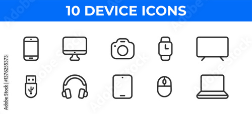 Electronic device icon set. Laptop, computer, camera, phone, headphone and more.