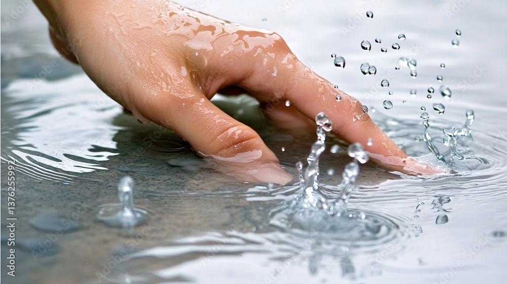Fototapeta premium close-up of a person’s hand touching a flooded floor, their fingers dissolving into water droplets, representing fragility and loss. Muted colors, high contrast. Copy space. hand touching water, 