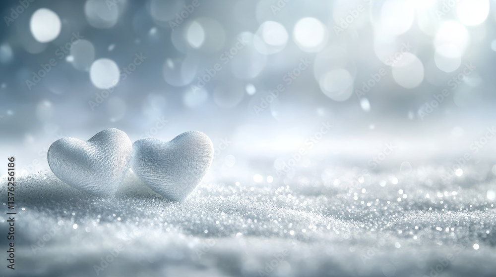 Fototapeta premium Two White Hearts on Glittering Snow - Two white hearts nestled together on a bed of sparkling snow, creating a romantic and serene winter scene. Perfect for Valentine's Day, wedding