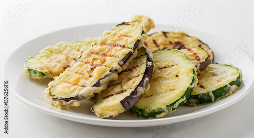 Appetizing grilled vegetable tempura assortment on a white ceramic plate