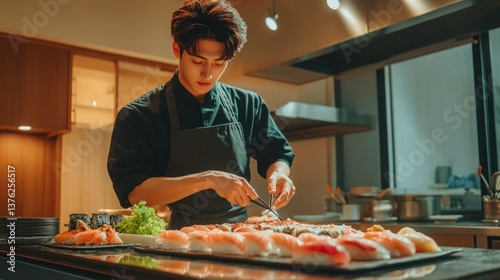 A chef arranging freshly grilled vegetables on a platter in an outdoor caf