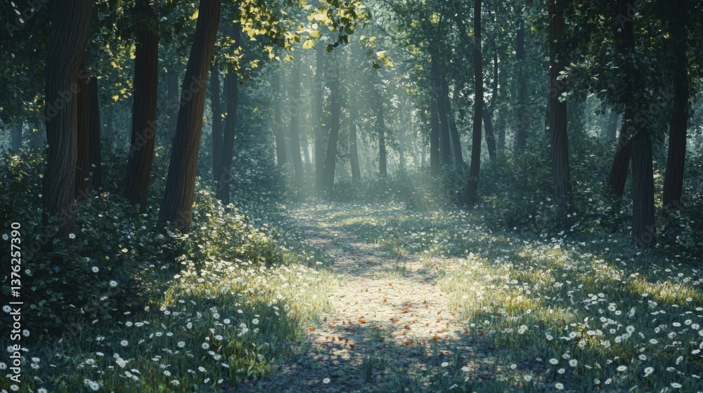 Obraz premium A serene forest path illuminated by sunlight, surrounded by lush greenery and blooming flowers, creating a peaceful and inviting atmosphere.