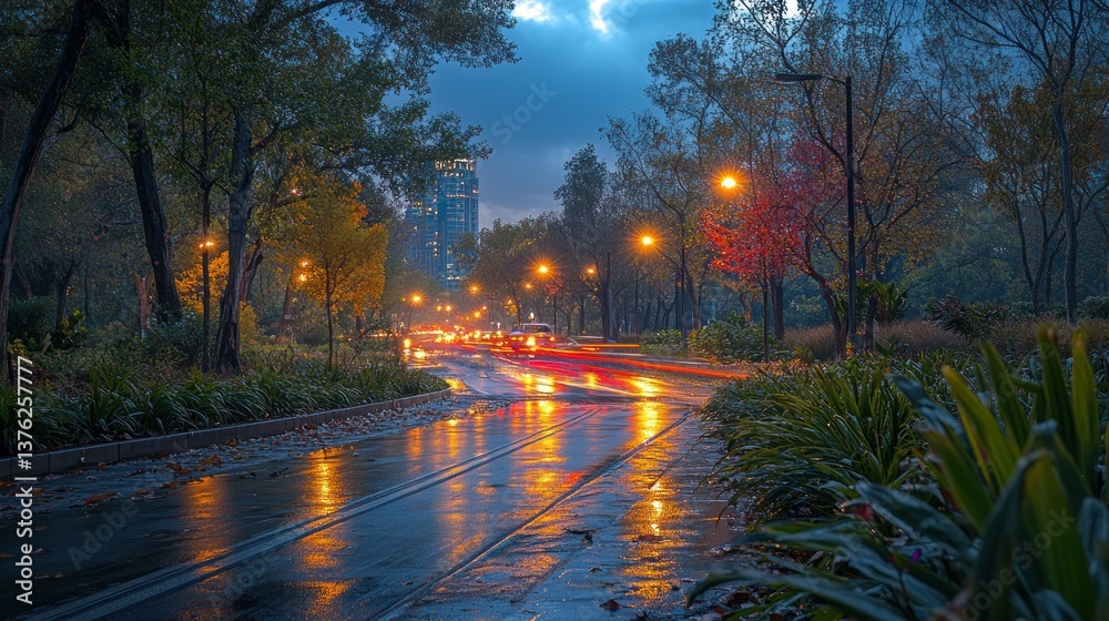 Naklejka premium Rainy twilight city park street scene with lights reflecting on wet asphalt.