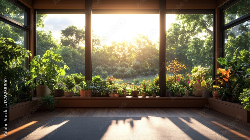 Bright and airy indoor yoga space with large , lush greenery outside, potted plants on a sunlit ill, and a yoga mat on hardwood floor Bright and airy indoor yoga space with large , lush greenery outside, potted plants on a sunlit ill, and a yoga mat on hardwood floor