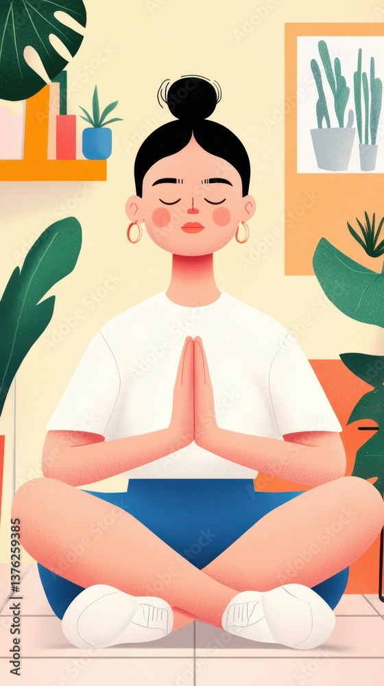 Woman Meditating in Lotus Position Surrounded by Plants and Artwork in Serene Home Interior Woman Meditating in Lotus Position Surrounded by Plants and Artwork in Serene Home Interior