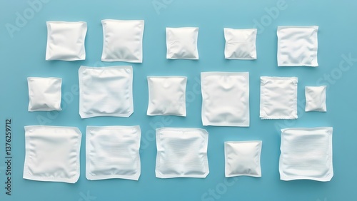Wallpaper Mural Collection of blank white sealed packets arranged on blue background, minimalist commercial packaging mockup concept.   Torontodigital.ca