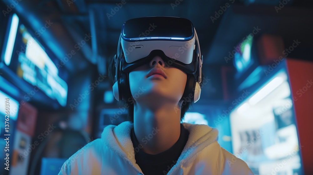 Interactive digital technology, teenager explores world using VR headset, experience virtual reality Interactive digital technology, teenager explores world using VR headset, experience virtual reality