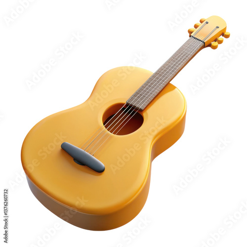 A vibrant yellow guitar with a smooth body and a sleek neck, featuring six strings and a round sound hole, illustration of 3d rendering.	