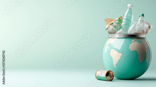 A trash can shaped like a globe planet Earth, brimming with plastic bottles and metal cans, emphasizing global plastic pollution and its environmental impact photo