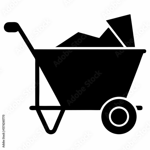 Wheelbarrow made of wood transporting farming production black vector on white background.
