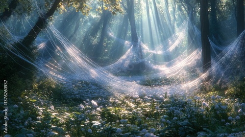 A serene forest scene illuminated by sunbeams, featuring delicate spider webs intertwined among trees and blooming flowers on the forest floor.