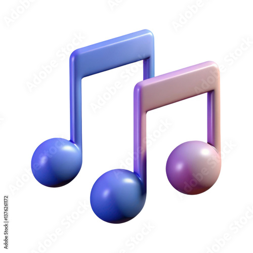 Two colorful musical notes with spherical bases, rendered in a smooth, glossy style, showcasing a blend of blue and pink hues, illustration of 3d rendering.	