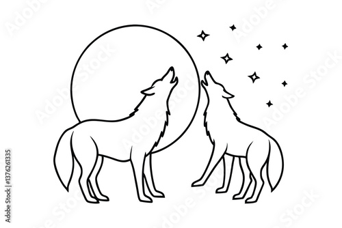 Two Wolves Howling at Night, Moonlit Scene, Starry Sky