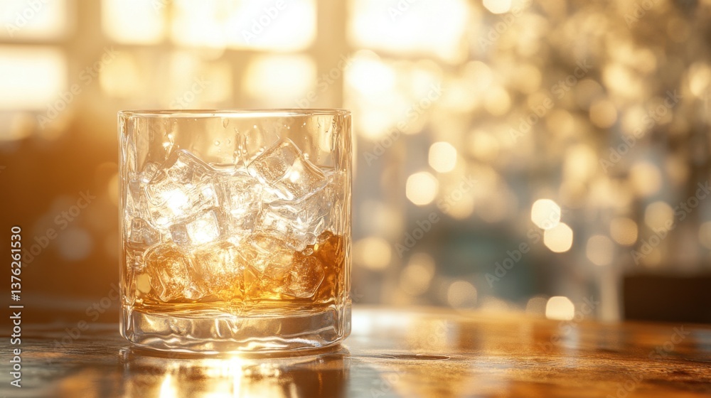 custom made wallpaper toronto digitalA close-up of a glass filled with ice and a golden liquid, illuminated by warm sunlight, creating a cozy and inviting atmosphere.