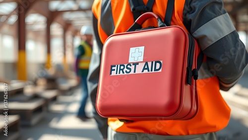 Worker carrying first aid kit at construction site in protective safety vest  