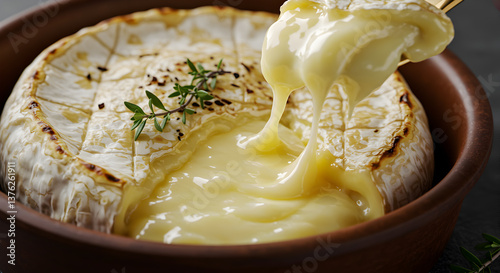 Deliciously Melted Camembert Cheese with Fresh Thyme in Rustic Brown Bowl