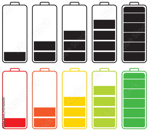 Set of vertical battery level indicators in percentage vector. Battery indicator symbols. 0-100 percent. 