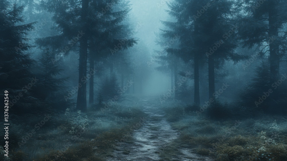 Obraz premium A misty forest path surrounded by tall trees, creating a mysterious and serene atmosphere.