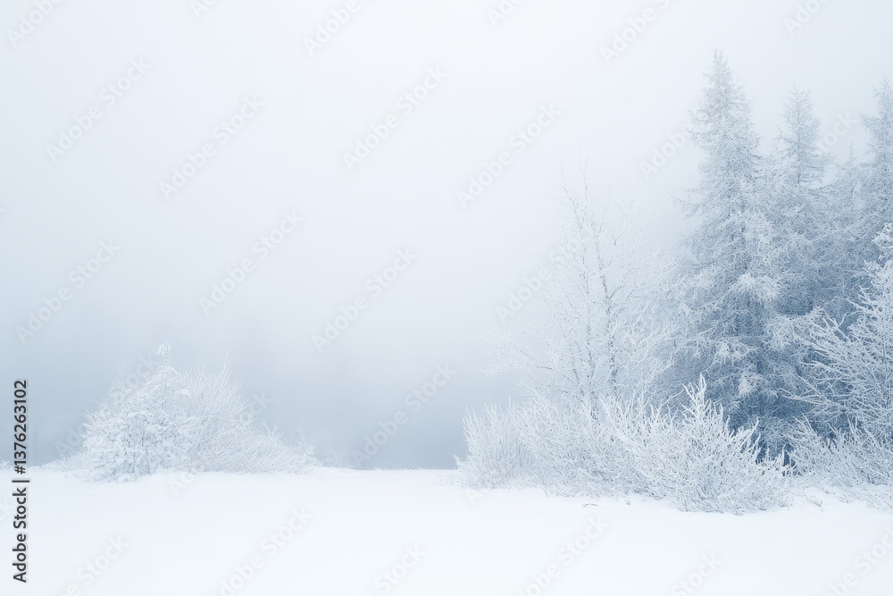 Fototapeta premium Winter Wonderland : Frosty Trees in Fog - Serene winter scene, snow-covered trees shrouded in fog, evokes peace, tranquility, and the beauty of a cold climate. Symbolism: peace, serenity, winter