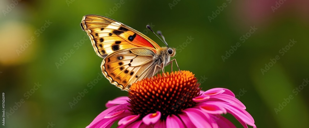 Obraz premium A close-up photograph of a butterfly on a bright pink flower, highlighting nature's beauty and the delicate details of its wings against a blurred green background