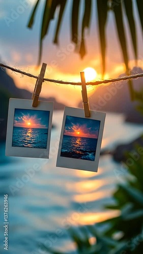 Sunset photos hanging on string; tropical island background; travel memories; souvenir; vacation photo