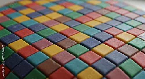 Vibrant mosaic surface created with square shaped tiles in multiple colors