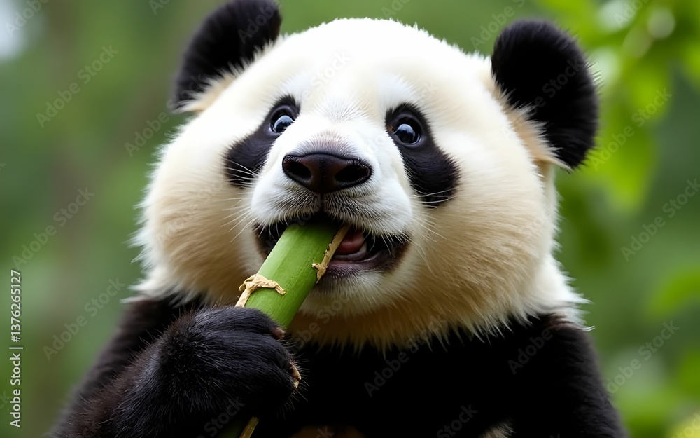 Fototapeta premium A close-up of a playful panda eating fresh bamboo, its sharp teeth and textured fur clearly visible, with a blurred green forest in the background.