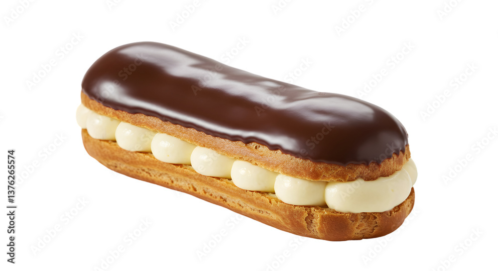 A single éclair with chocolate glaze and cream filling on a black background in a studio shot A single éclair with chocolate glaze and cream filling on a black background in a studio shot